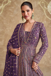 Pure Georgette Purple Exclusive Anarkali Dress With Heavy Embroidered & Heavy Dupatta
